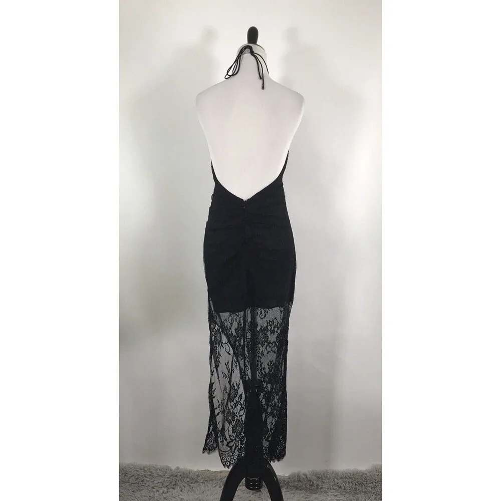 X by NBD Black Lace Halter Ellie‎ midi Dress Sheer Skirt Open Back Size 2 NWT